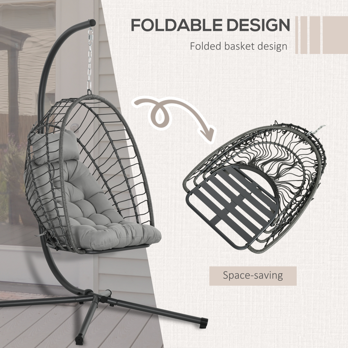 Outsunny PE Hanging Swing Chair w/ Thick Cushion, Patio Hanging Chair, Grey