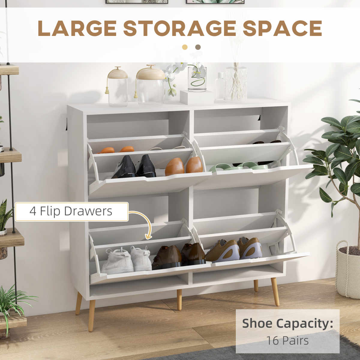 HOMCOM Shoe Storage Cabinet with 4 Flip Drawers for 16 Pairs of Shoes, White