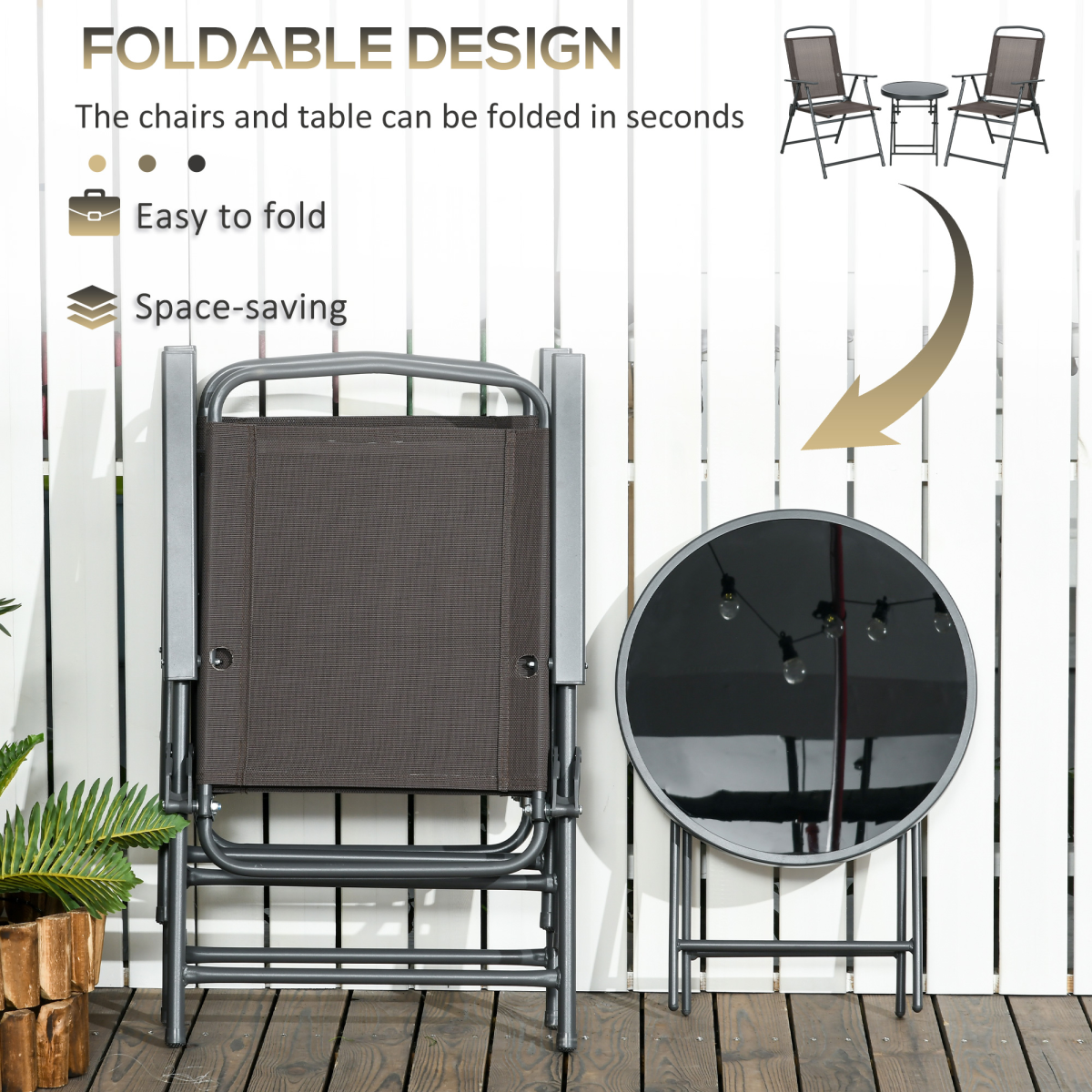 Outsunny Patio Bistro Set Folding Chairs & Coffee Table for Balcony, Brown