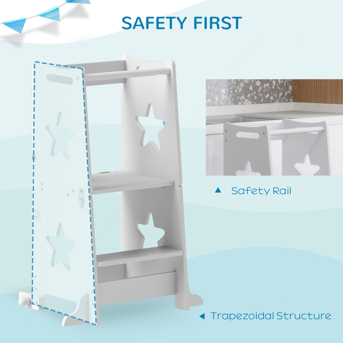 AIYAPLAY 2 in 1 Toddler Step Stool with Safety Rail for Kitchen, White