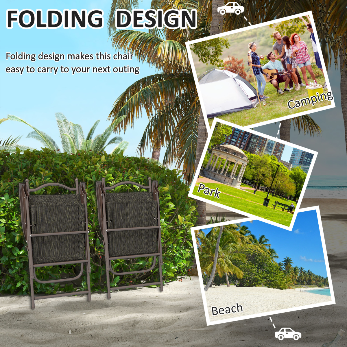 Outsunny Folding Chairs Set with Armrest Breathable Mesh Fabric Seat Dark Brown