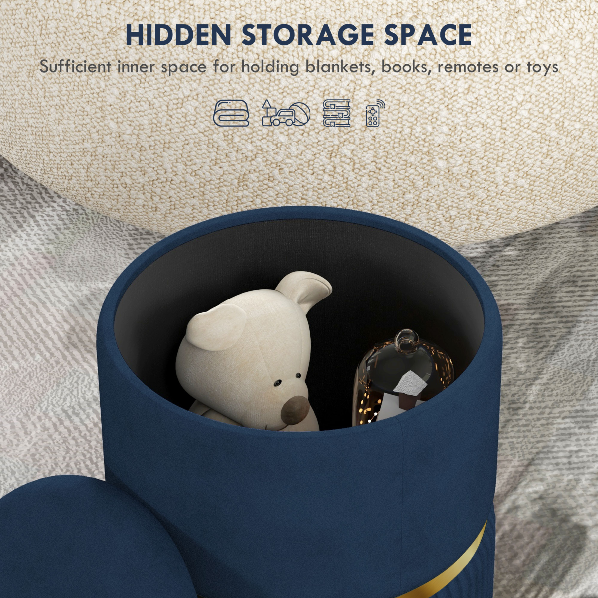 HOMCOM Round Pouffe, Storage Footstool with Cushioned Top, Hidden Space