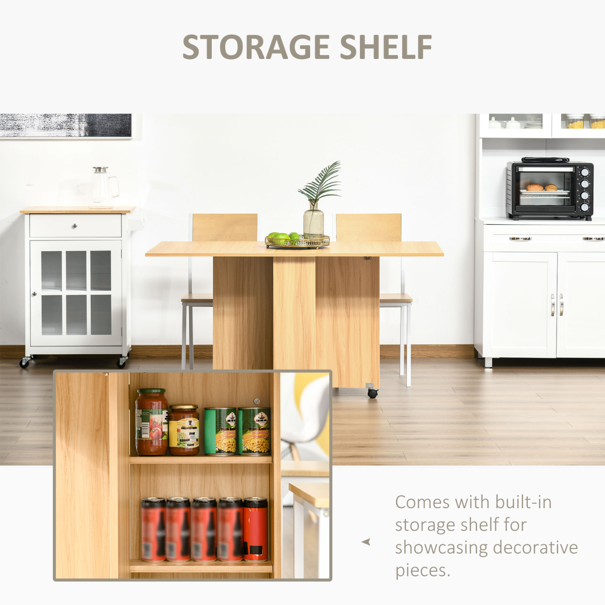 HOMCOM Foldable Dining Table with Storage Shelves for Kitchen, Dining Room