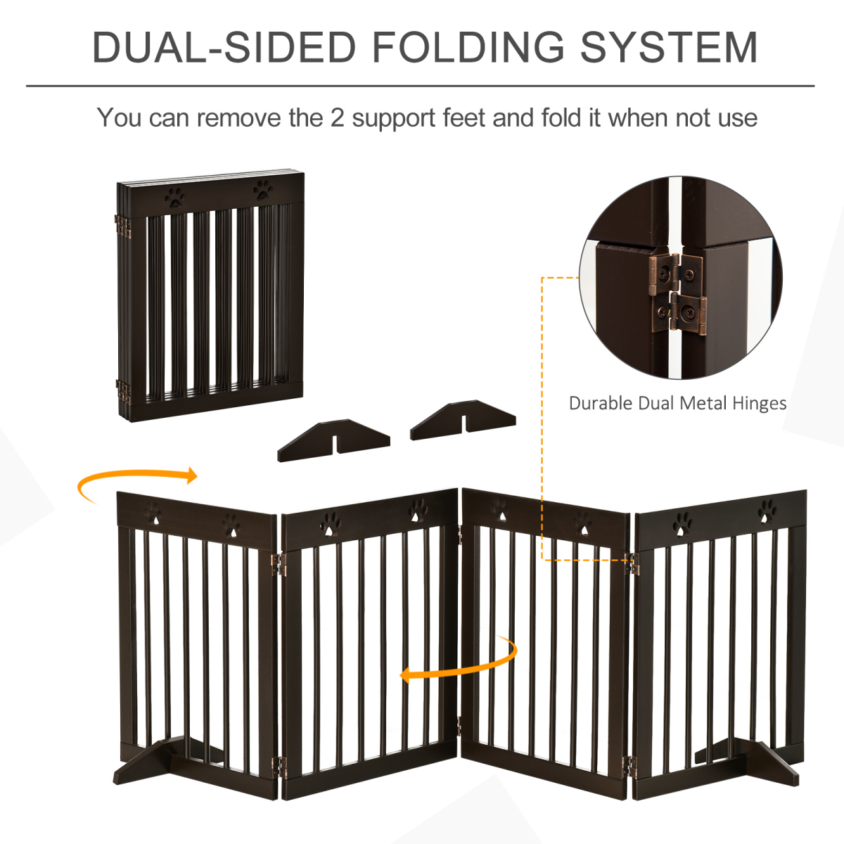 Freestanding Pet Gate 4 Panel Folding Wooden Dog Barrier  w/ Support Feet