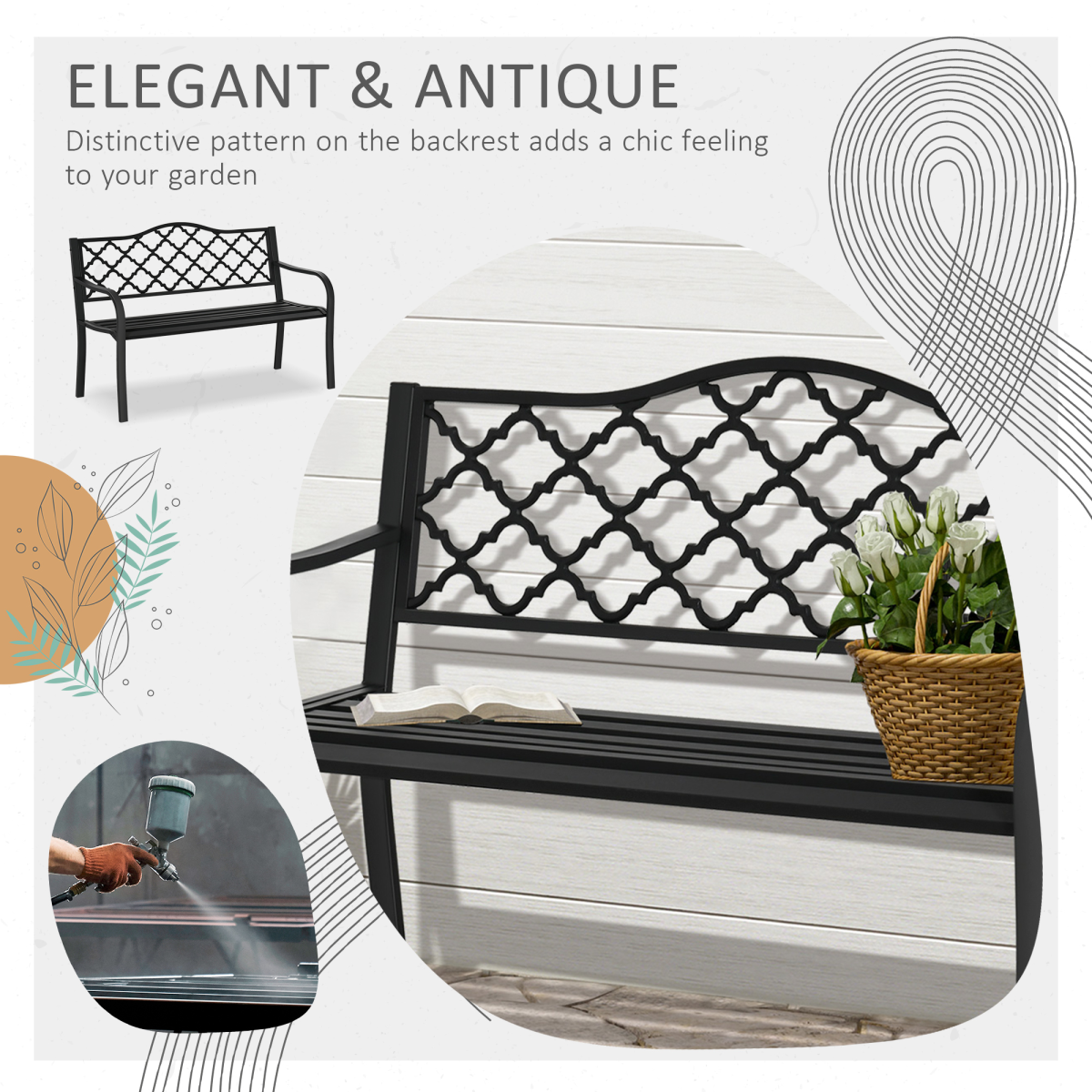 2-Seater Outdoor Garden Bench Antique Steel Armrest,