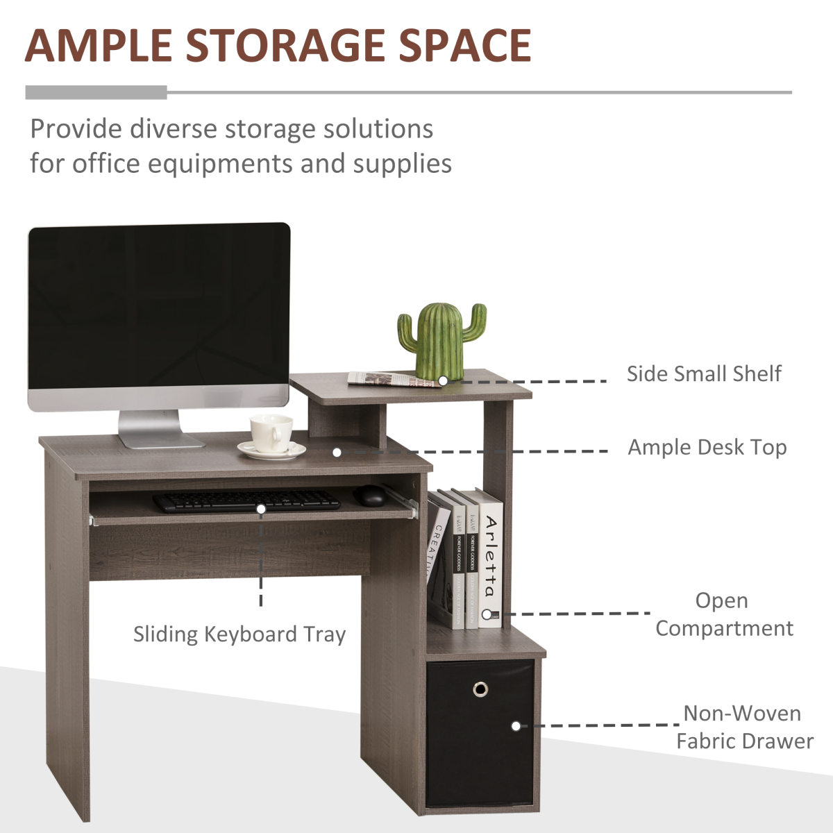 Computer Desk with Sliding Keyboard Tray Storage Drawer Shelf  Grey