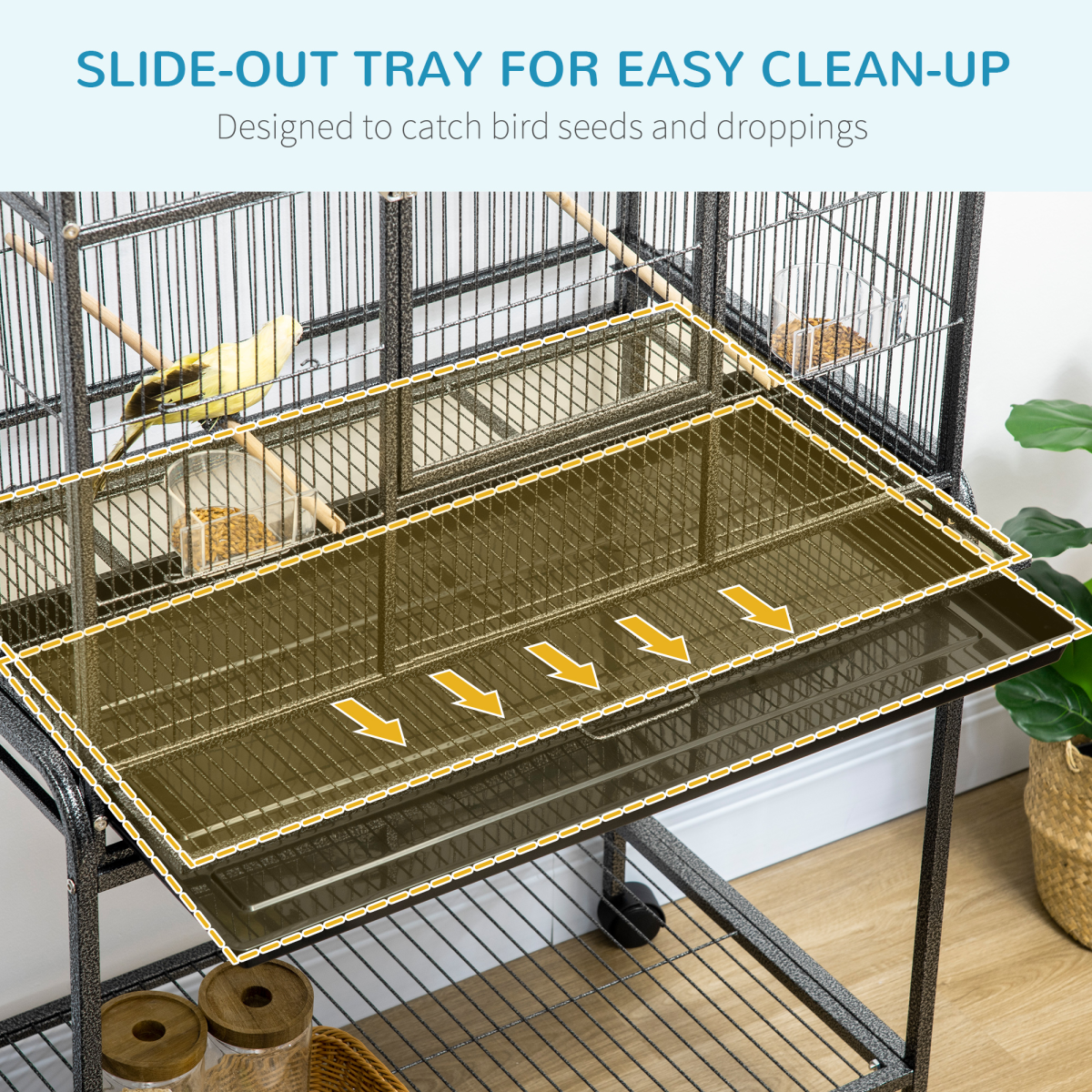Rolling Bird Cage w/ Detachable Stand, Storage Shelf, Wood Perch, Food Container