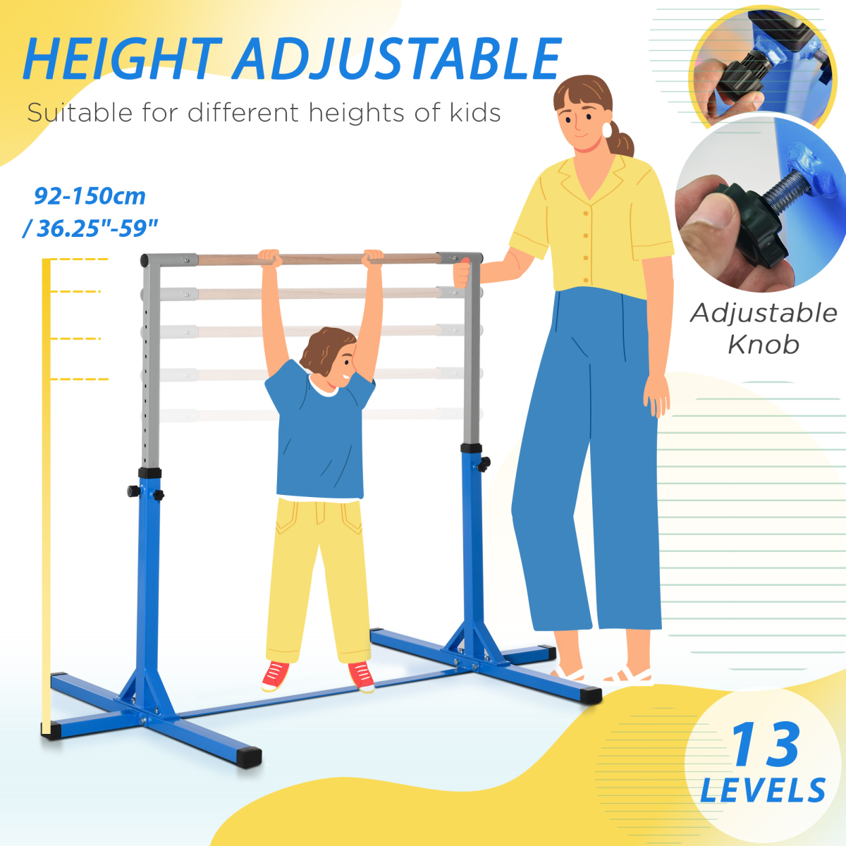 Adjustable Kids Gymnastics Bar Horizontal Training w/ Steel Frame Wood Bar Blue