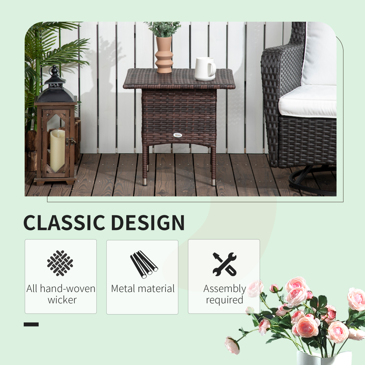 Outsunny PE Rattan Outdoor Coffee Table, Easy Match Rattan Side Table, Brown