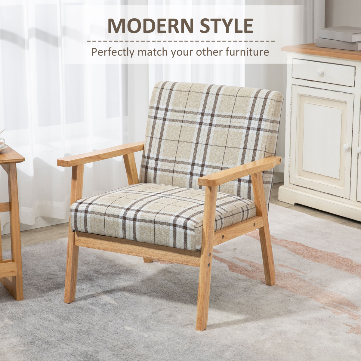 HOMCOM Modern Accent Chairs Upholstered Linen-Feel Living Room Chair Beige