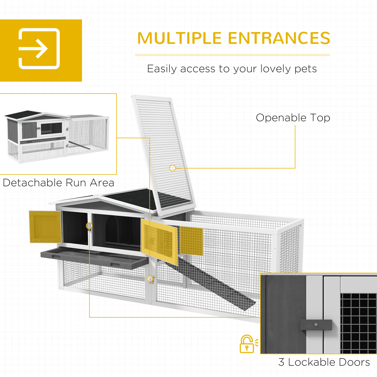PawHut Rabbit Hutch and Run Outdoor w/ Sliding Tray Hay Rack Ramp, 156x58x68cm