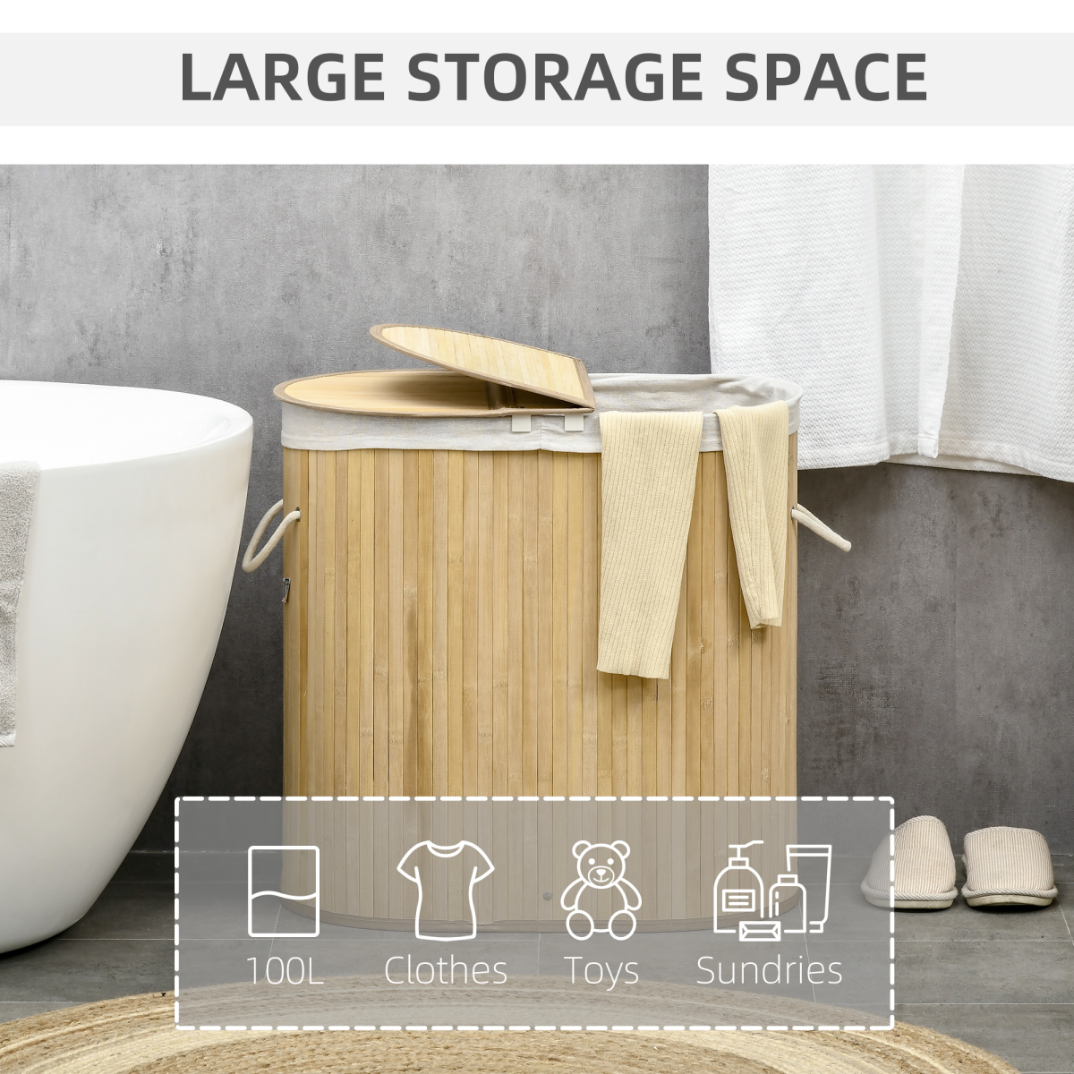 100L Bamboo Laundry Basket w/ 2 Compartments Washing Baskets Natural HOMCOM