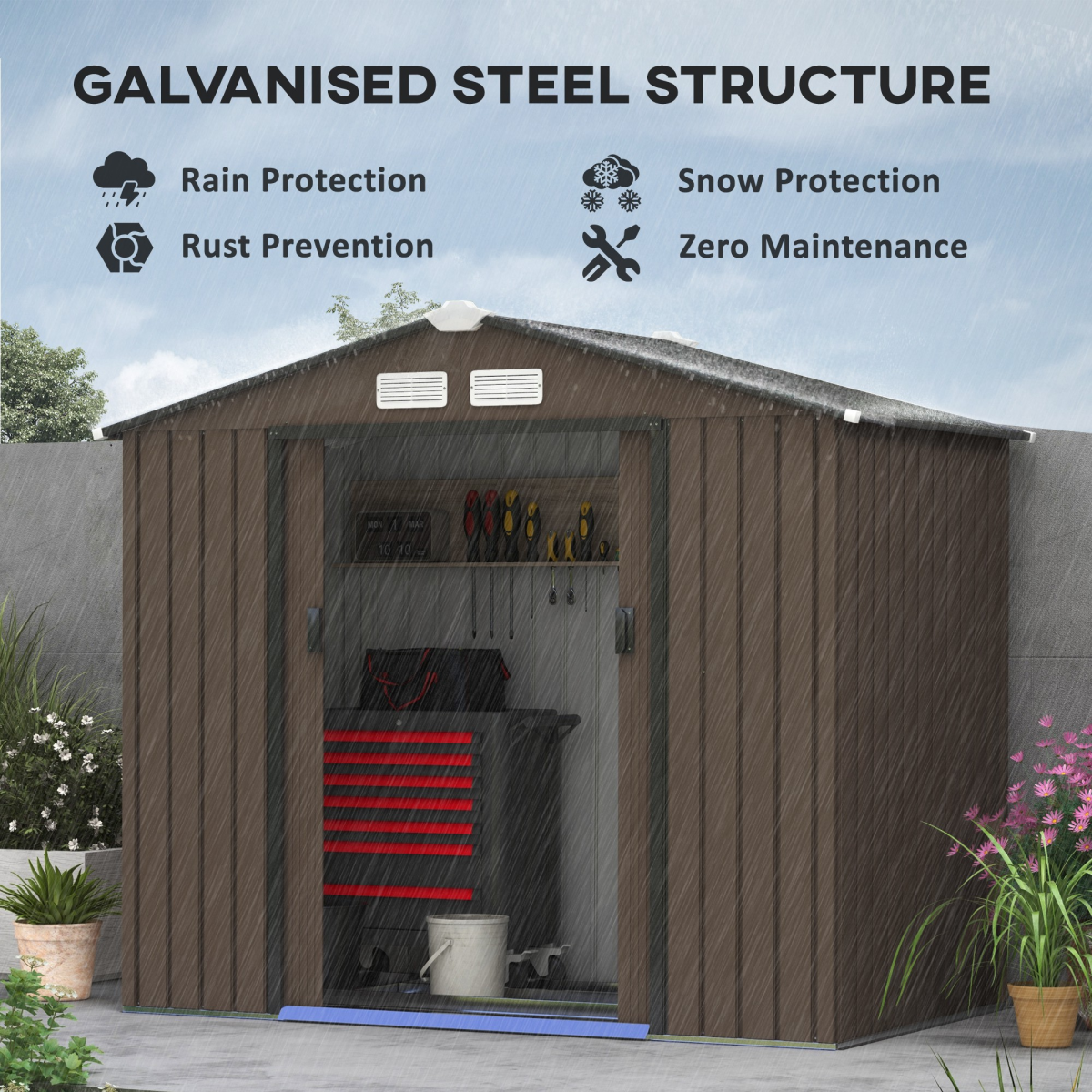 Garden Shed Storage Unit w/Locking Door Floor Foundation Vent Brown