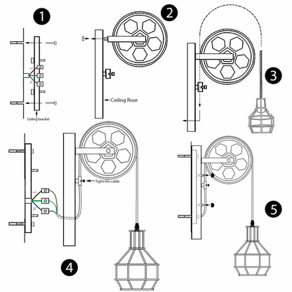 Brushed Copper Retro Industrial Pulley Wheel Cage Wall Light E27~1913