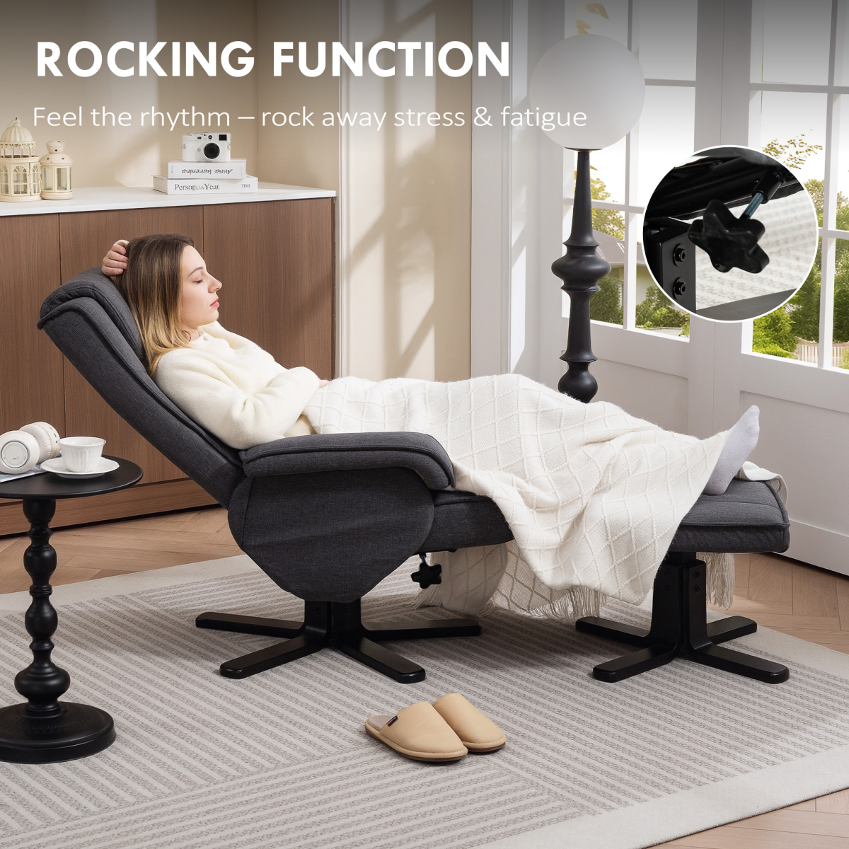HOMCOM Rocker Swivel Recliner Chair with Footstool, Linen Upholstered