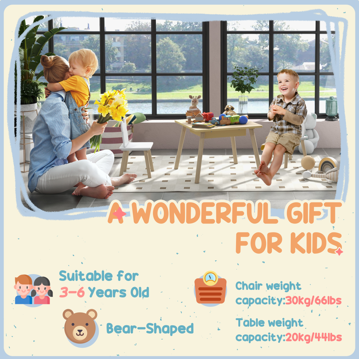 AIYAPLAY 3-Piece Toddler Table and Chairs Set for Nursery, Playroom