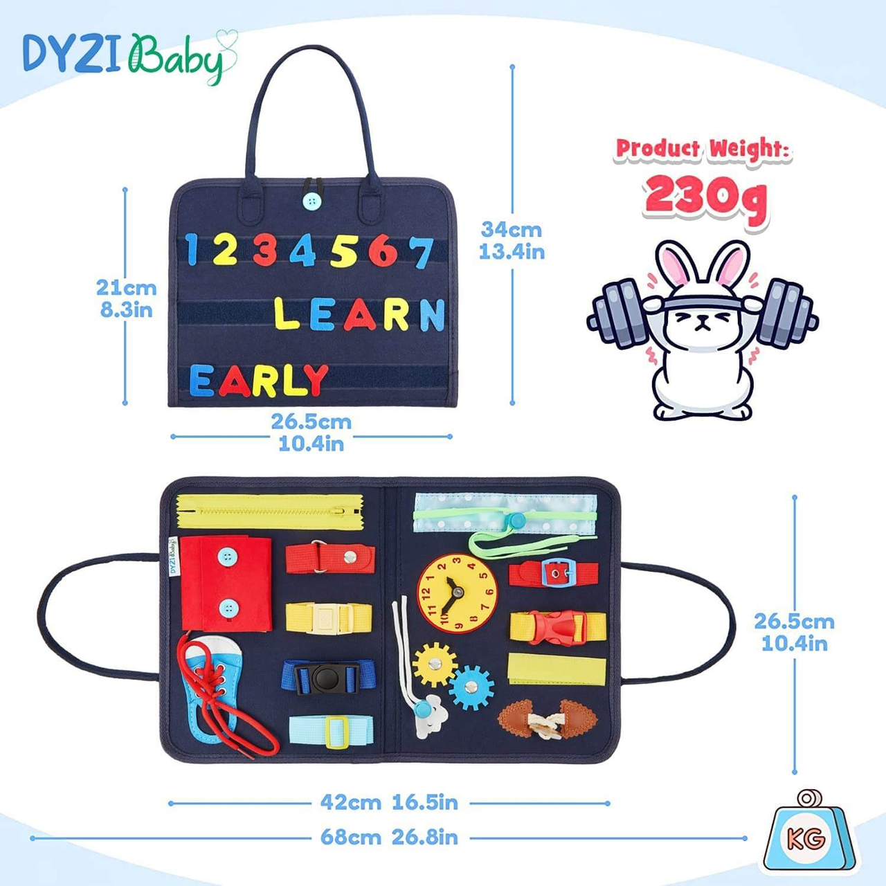 Dyzi Montessori Busy Board Sensory Learning Activity Toy Travel Portable Fabric