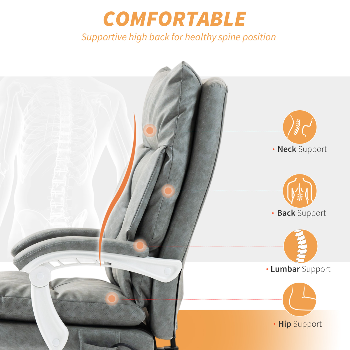 HOMCOM Office Chair with Adjustable Lumbar Support, Computer Chair, Grey