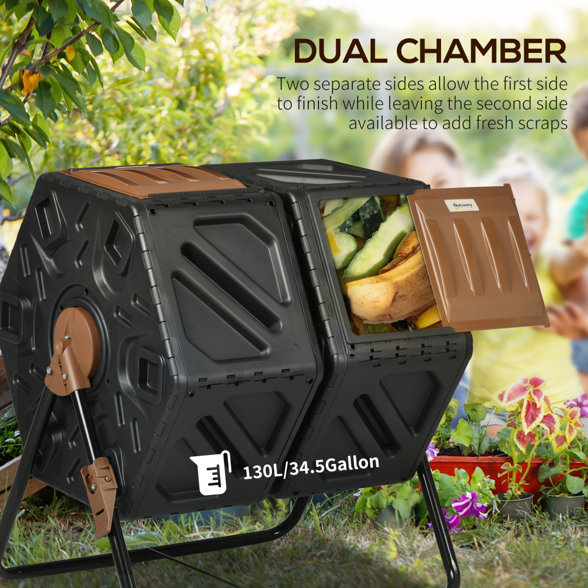 Outsunny 130L Compost Bin Dual Chamber Rotating Composter w/ Ventilation Holes