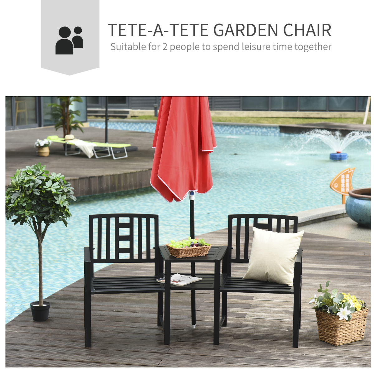 2 Seat Garden Chair Bench Loveseats w/Coffee Table Slatted Design Patio Yard