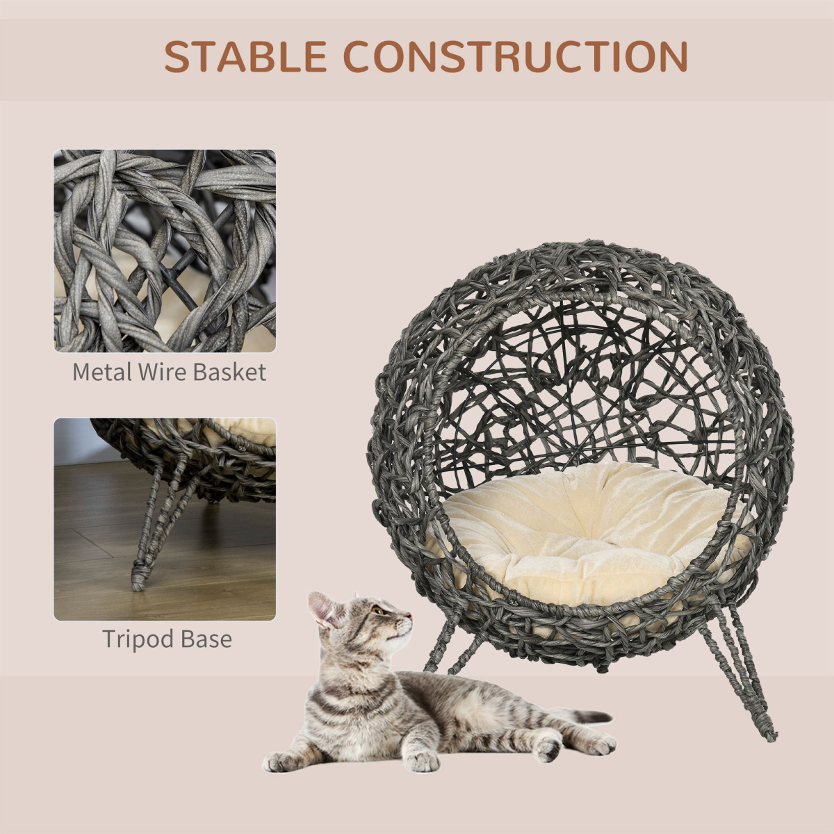 Rattan Elevated Cat House Kitten Basket Pet Bed w/ Cushion - Silver-Tone, Grey