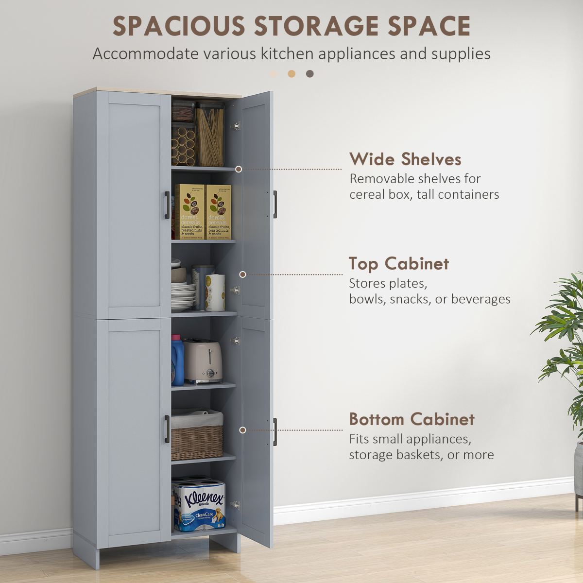 HOMCOM Modern Kitchen Cupboard Storage Cabinet with 6 Shelves, Grey
