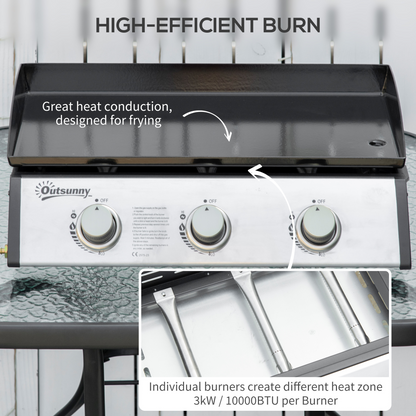 Outsunny Portable Gas Plancha BBQ Grill with 3 Stainless Steel Burner, 9kW