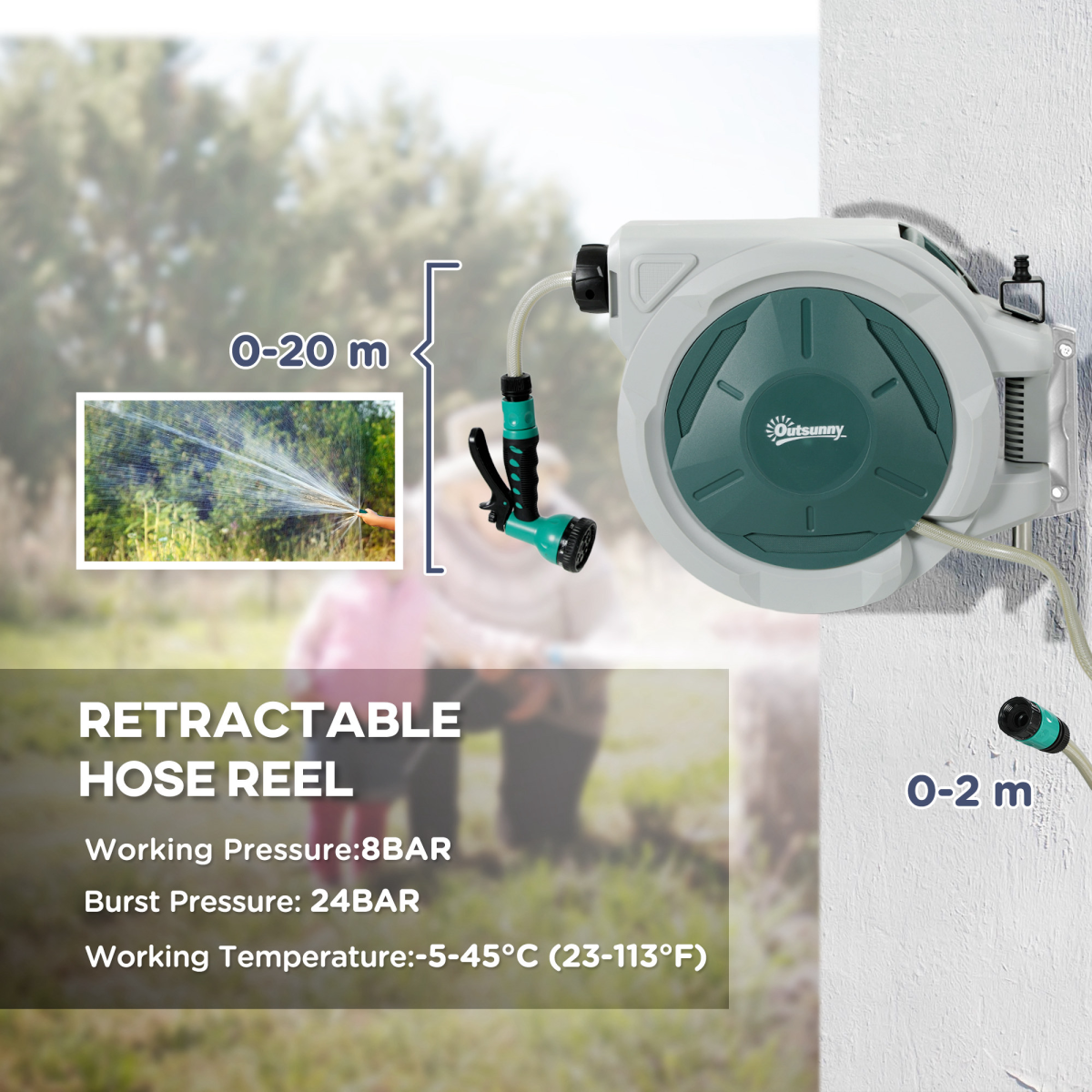 Outsunny Retractable Hose Reel Wall Mounted with Lock, Light Grey