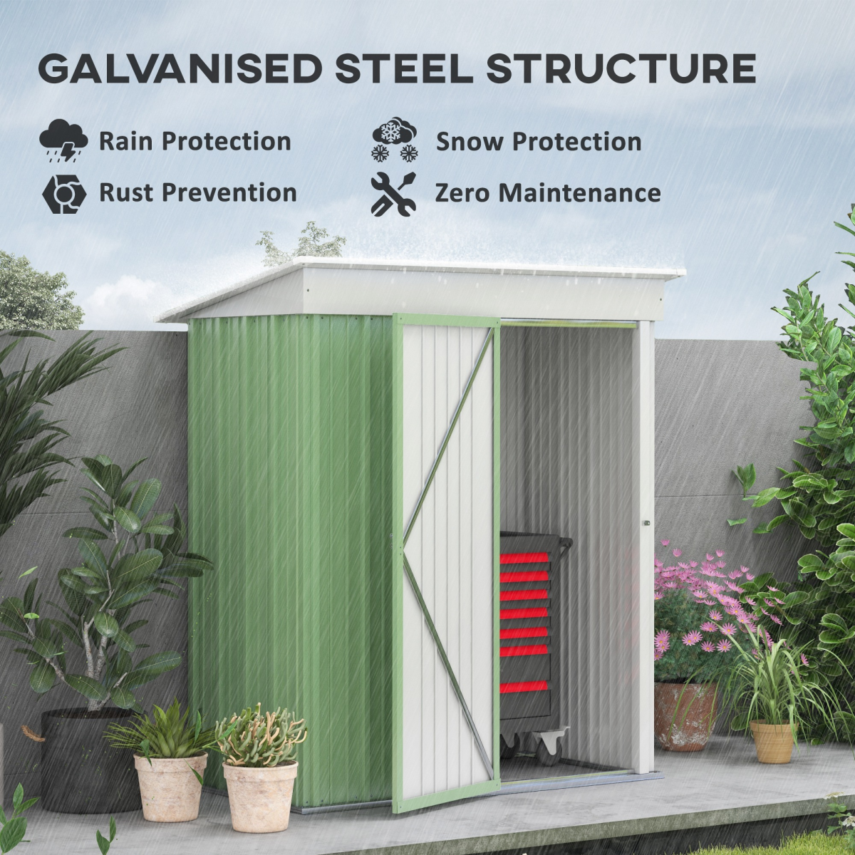 Outsunny Steel Garden Shed, Small  Lean-to Shed for Bike Tool, 5x3 ft, Green