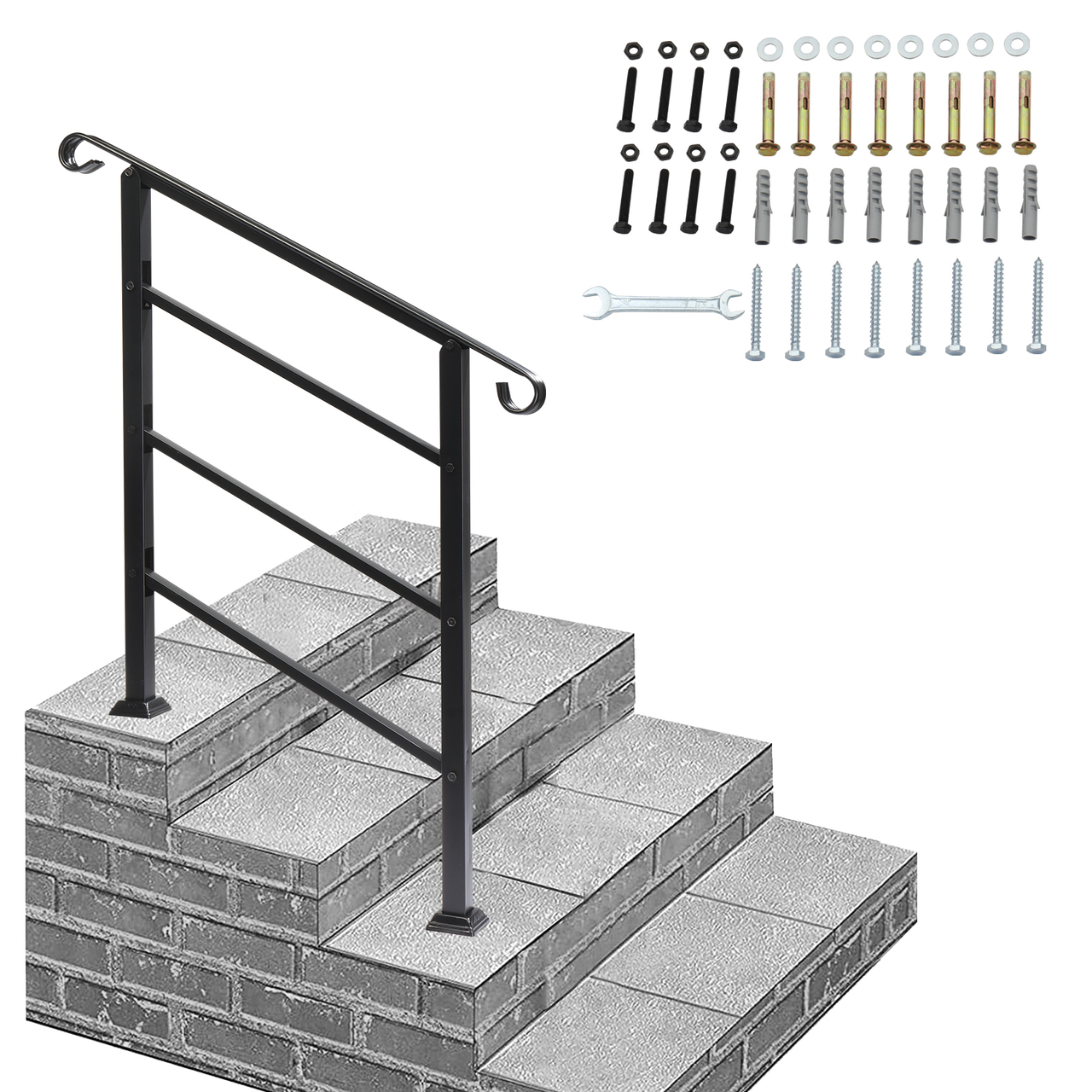 [Same Code：52168185  78675783]Handrails for Outdoor Steps, Wrought Iron Handrail Fits 1 or 3 Steps, Transitional Handrail with Installation Kit, Black