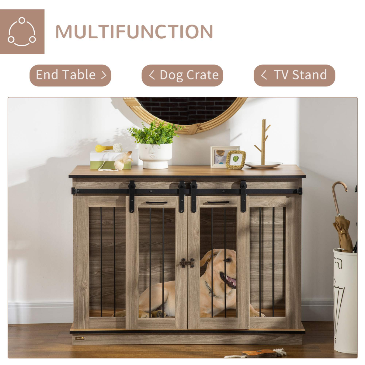 PawHut Dog Crate for Large Dogs, Double Dog Cage for Small Dog, Oak Tone