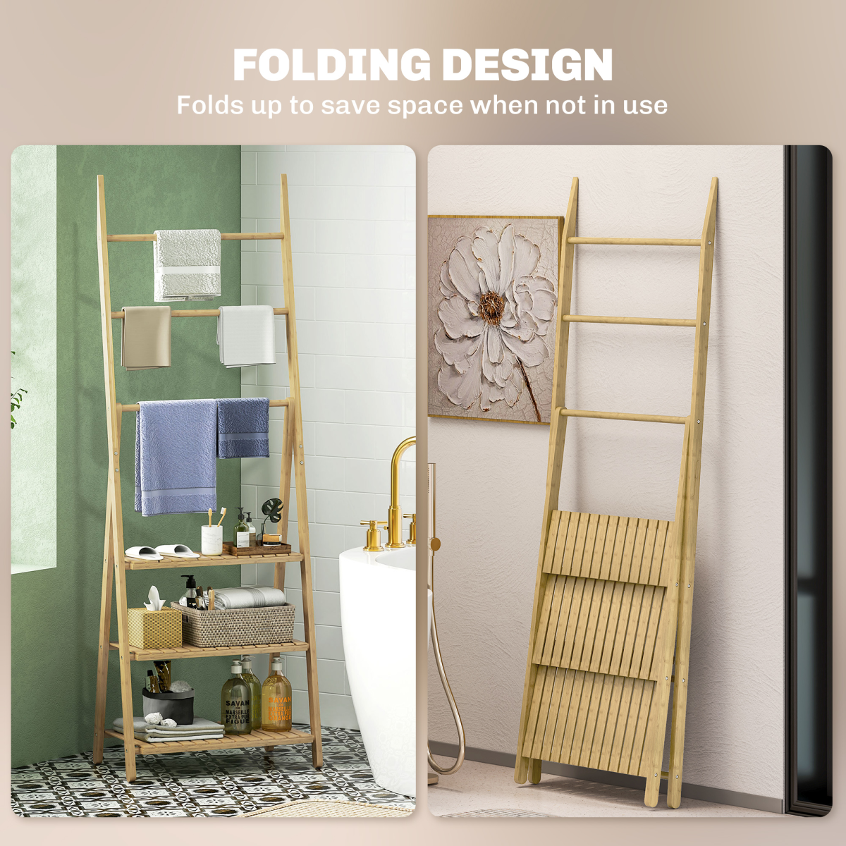 HOMCOM 3-Tier Folding Bamboo Bathroom Storage Shelving Unit with Towel Bars
