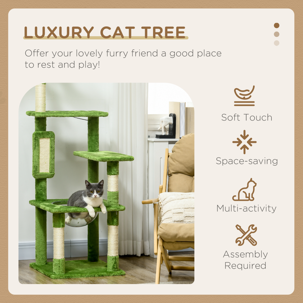PawHut 142cm Cat Tree Tower with Scratching Post Hammock Ball Platforms Green