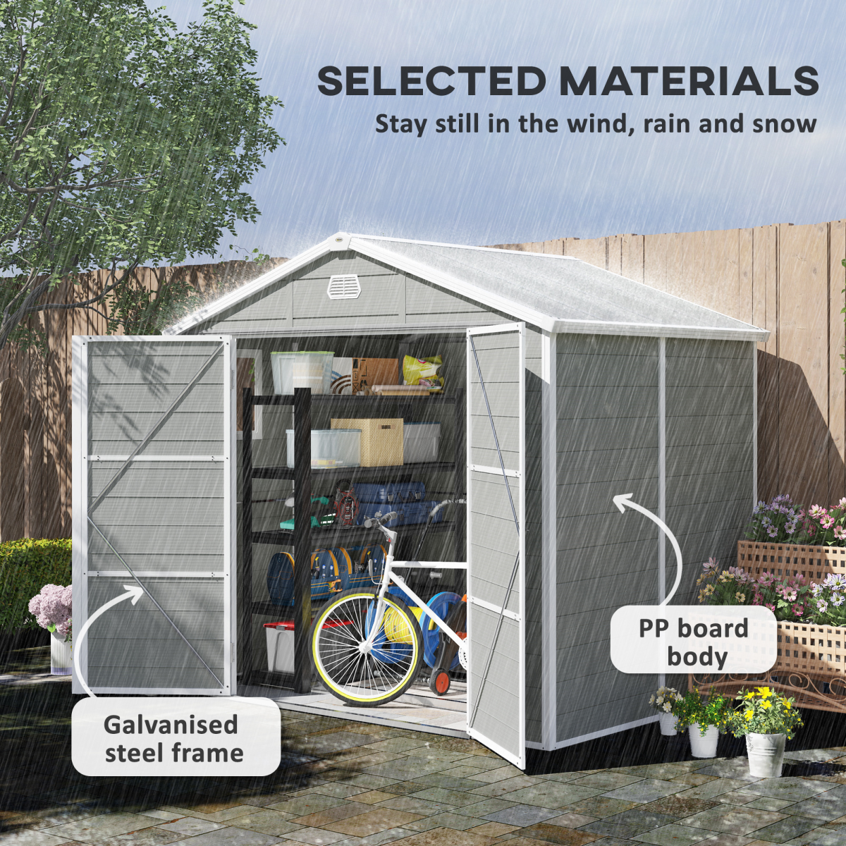 Outsunny 8 x 6ft Garden Shed Storage w/ Foundation Kit, Vents, Light Grey