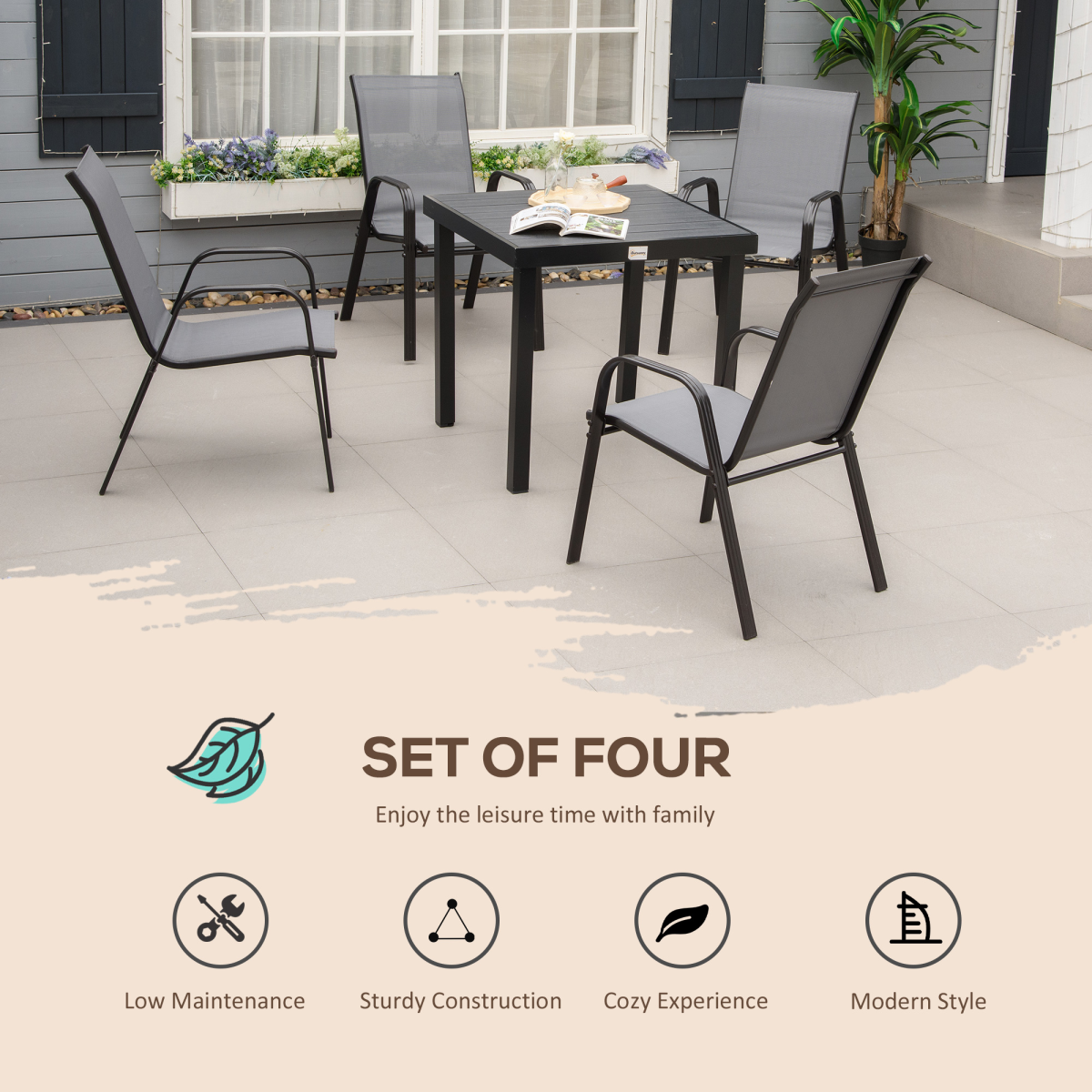 Set of 4 Garden Dining Chair Set Outdoor w/ High Back Armrest Grey Outsunny
