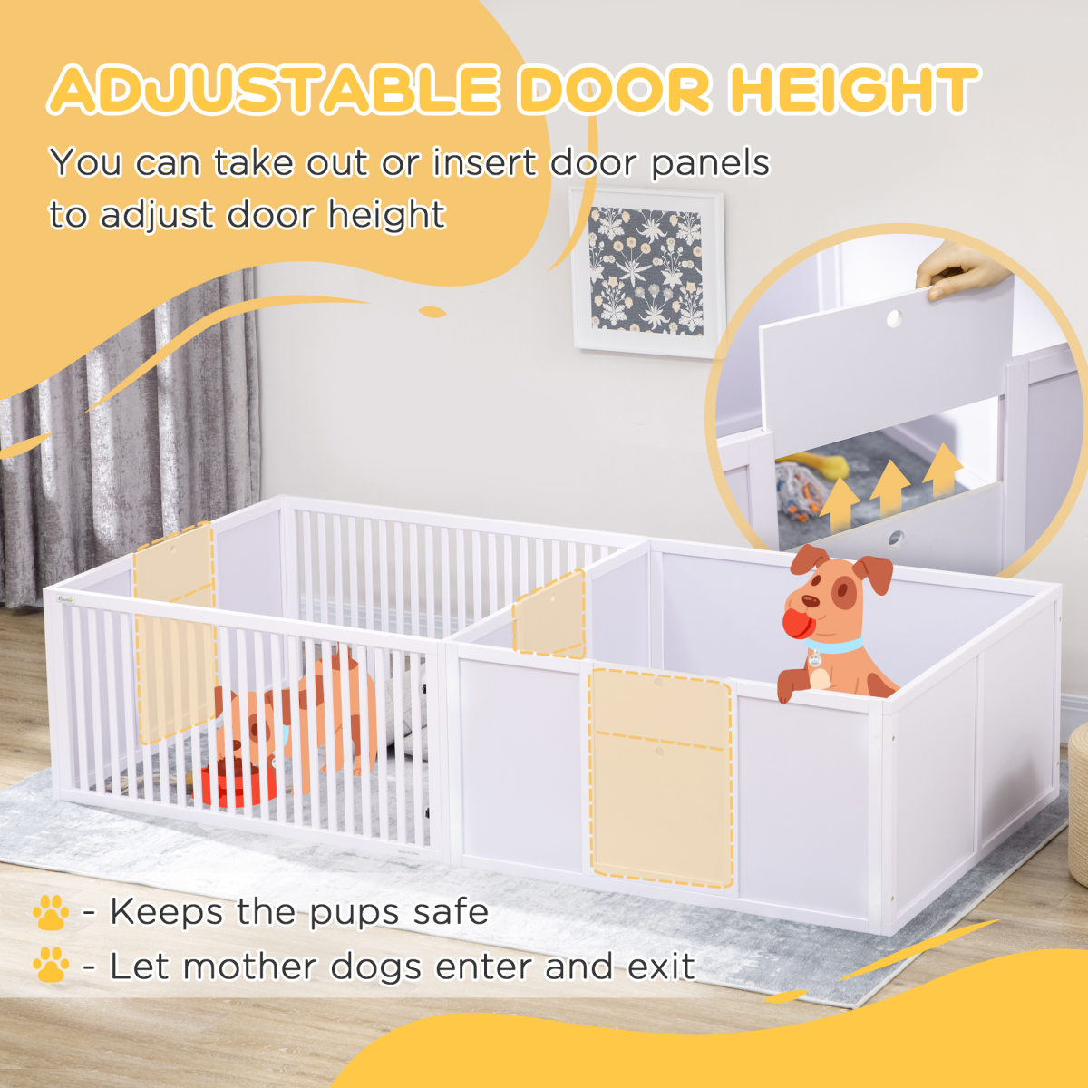 7 Panels Puppy Pen for Indoors, with Three Doors, Two-Room Design