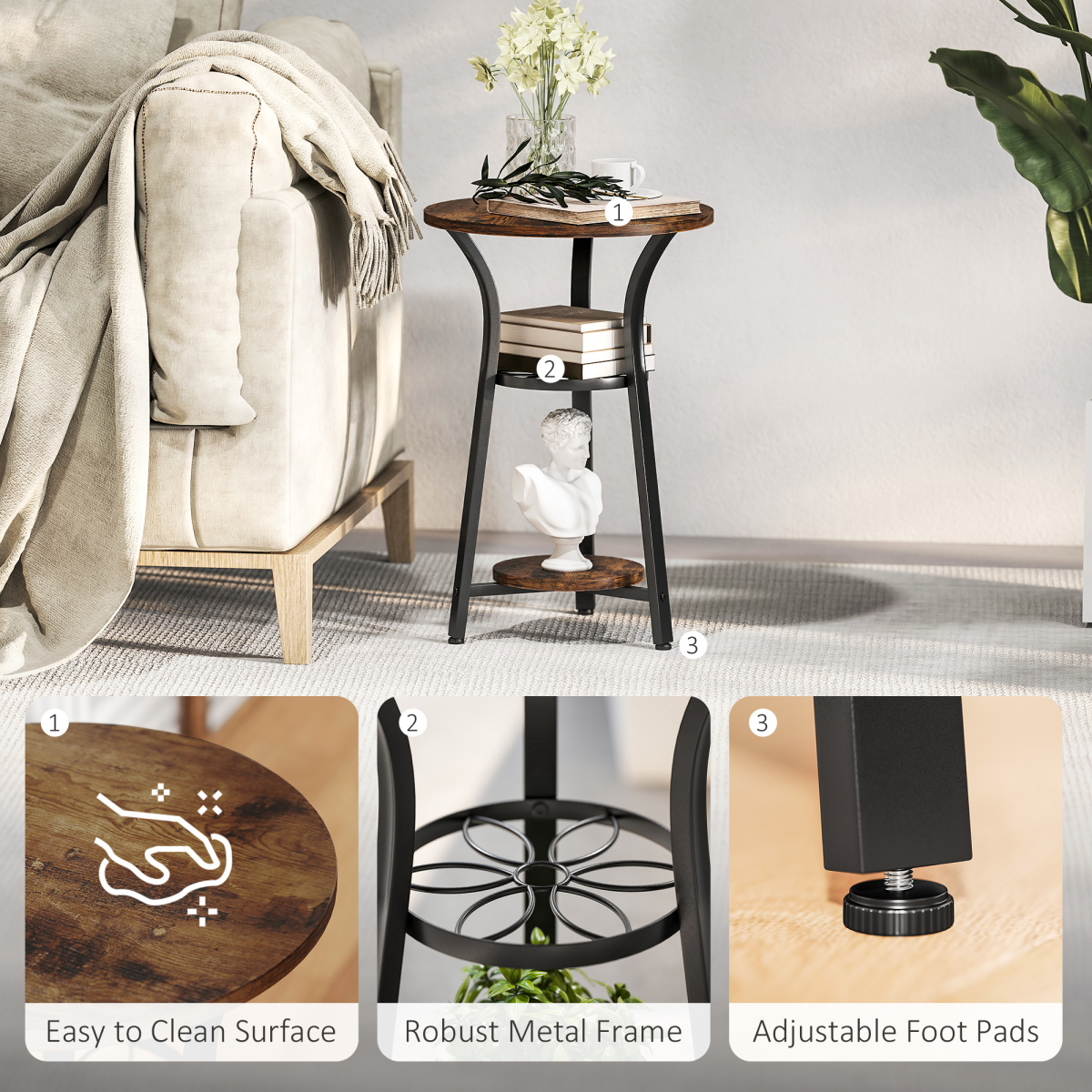 HOMCOM 3-Tier Small End Table Industrial 38 cm Round Side Table Rustic Brown