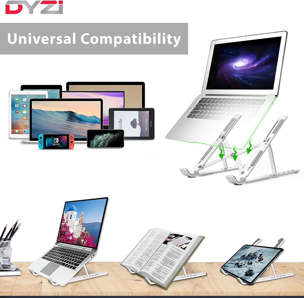 DYZI Laptop Stand-Ventilated Aluminium Laptop Holder for Macbook,Notebook,iPad-Adjustable Lightweight Cooling Stand compatible with Dell XPS,HP,Samsung,Lenovo, 10-15.6" Laptop or Tablet