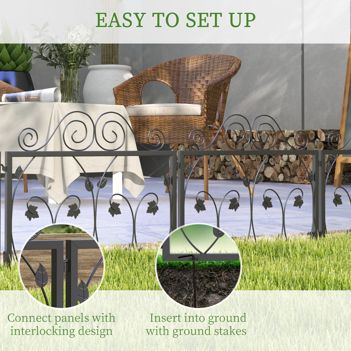 Outsunny 4 Panels Decorative Garden Fence Metal Wire No Dig Fencing Black