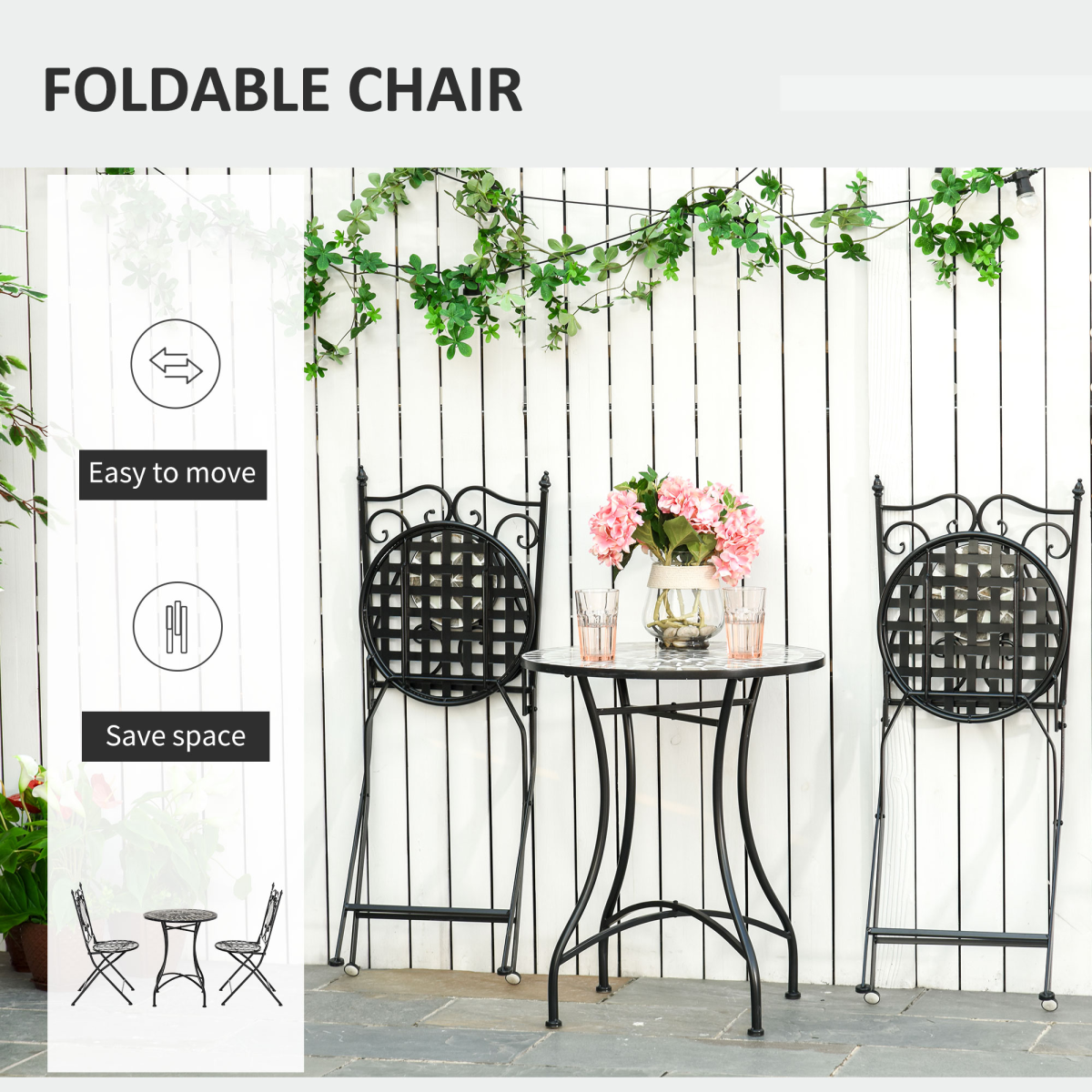 3Pc Mosaic Tile Garden Bistro Set Folding Chairs