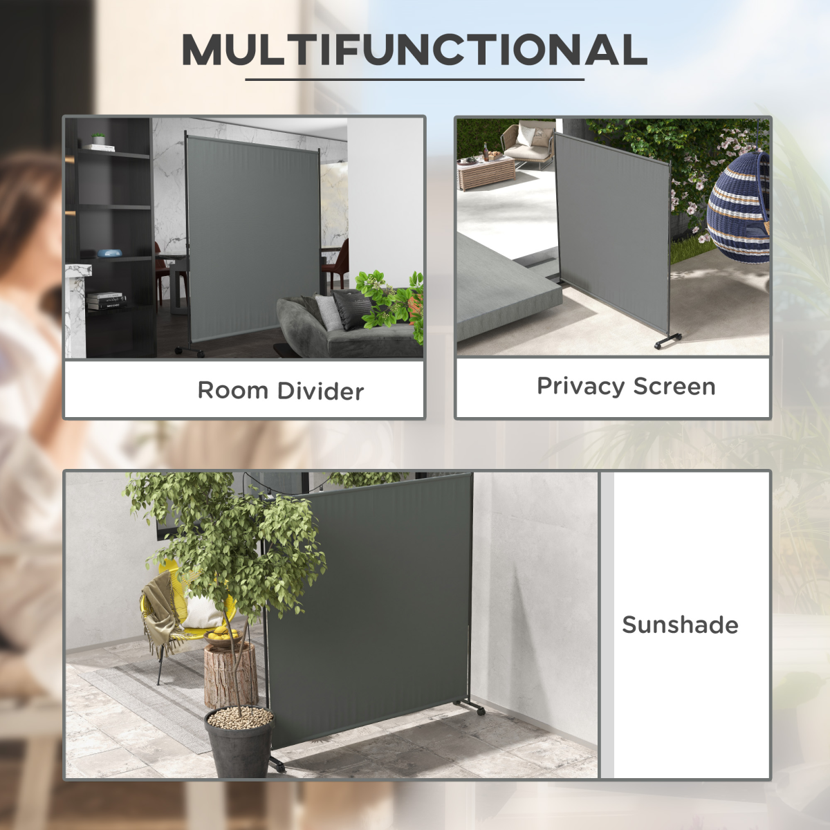 Outsunny Garden Screen with Wheels, 6ft Rolling Privacy Room Divider, Dark Grey