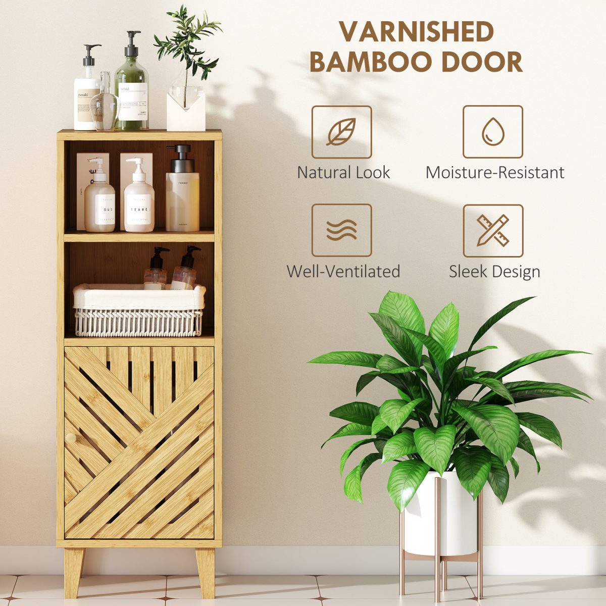 HOMCOM Narrow Bathroom Storage Cabinet with Open Compartments, Natural