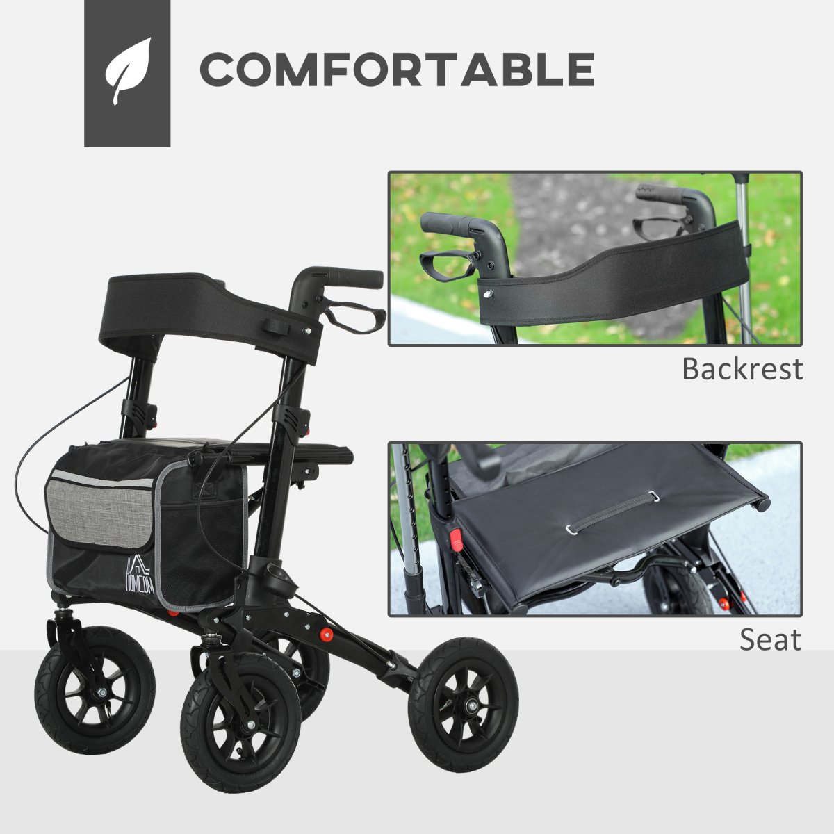 HOMCOM Rollator Walker with Padded Seat, Backrest, All-terrain Wheels
