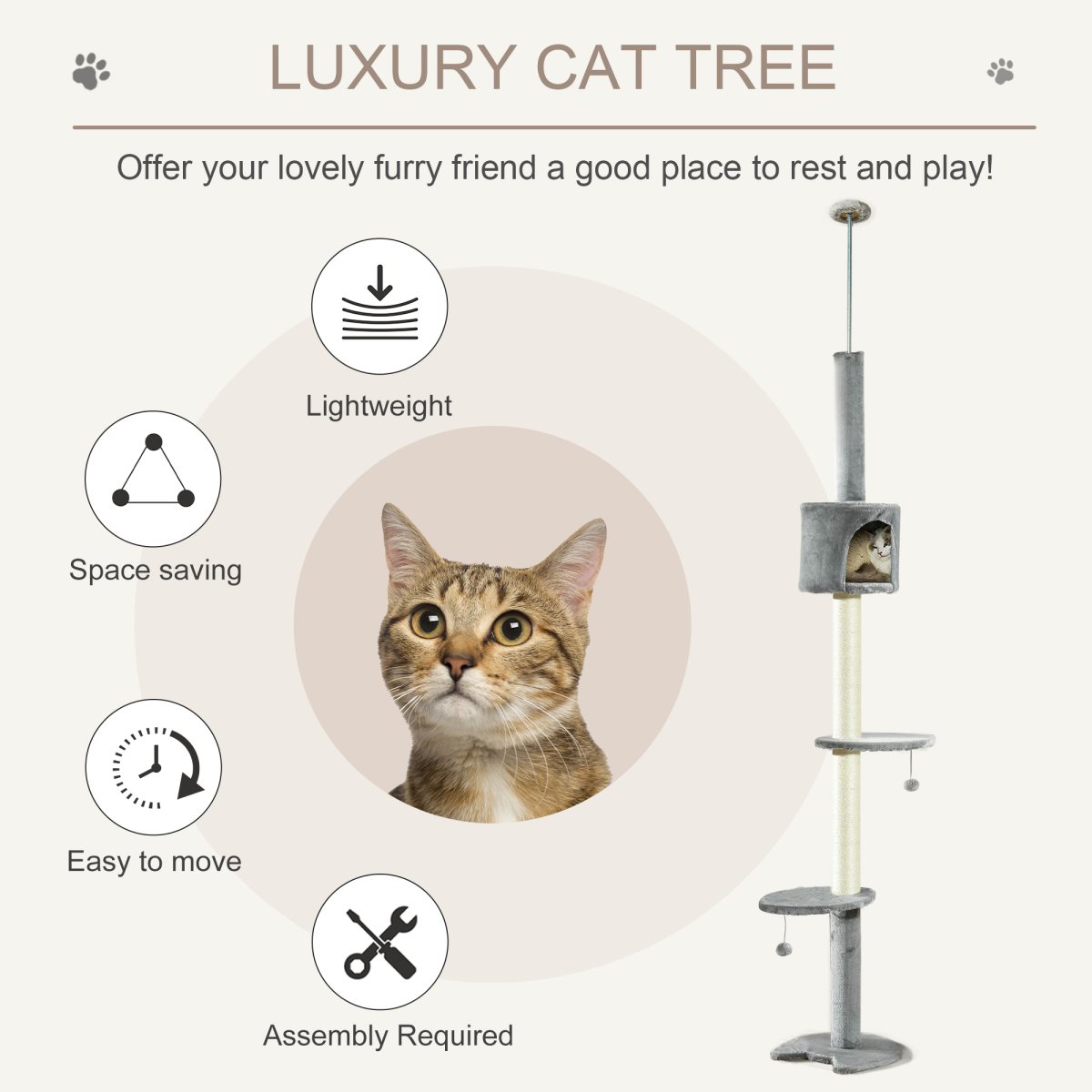 Cat Tree, Multi-Floor Pet Playhouse w/ Solid Scratching Post, Light Grey