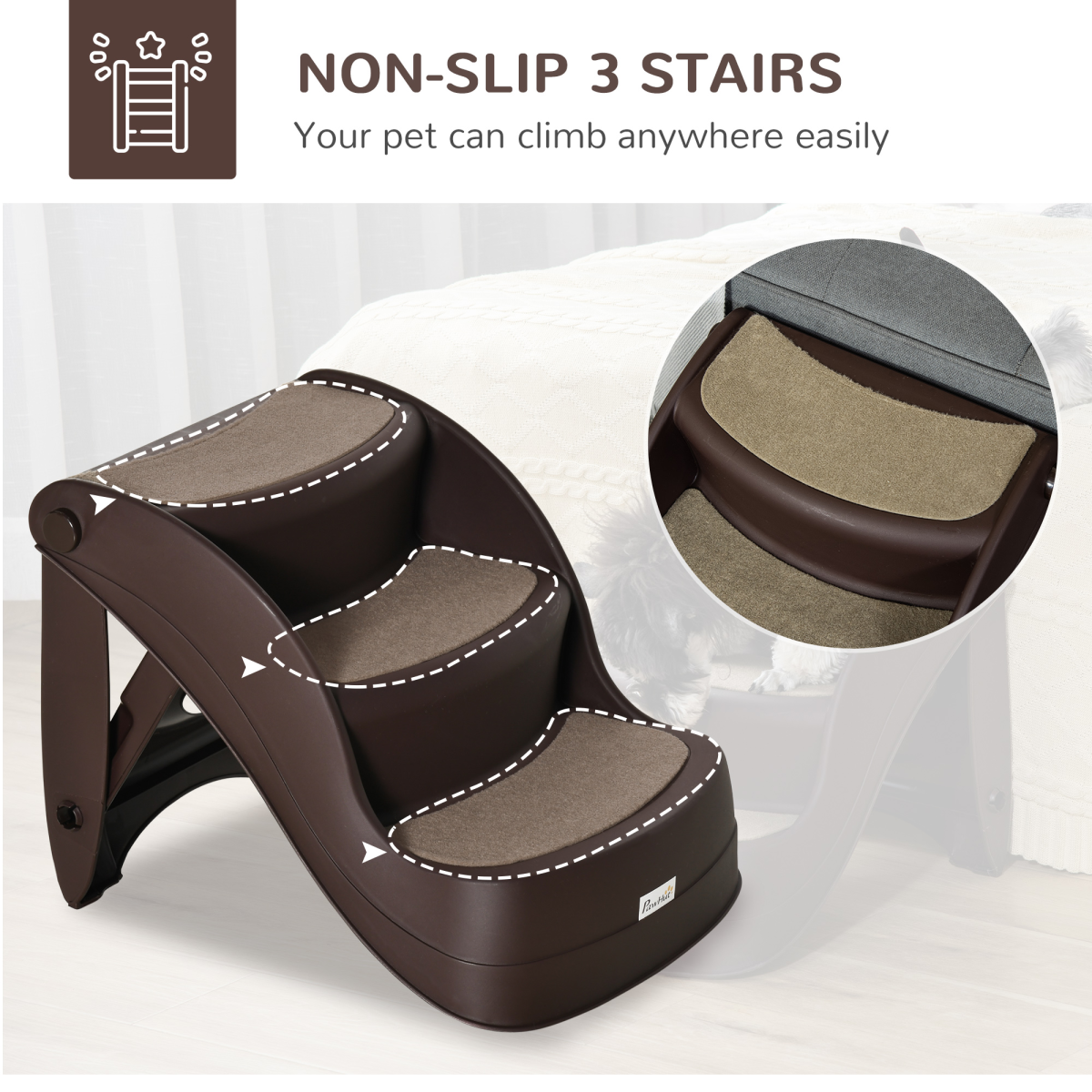 Portable Dog Steps Non-slip Pet Stairs 3-Step Design for High Beds Sofas, Brown