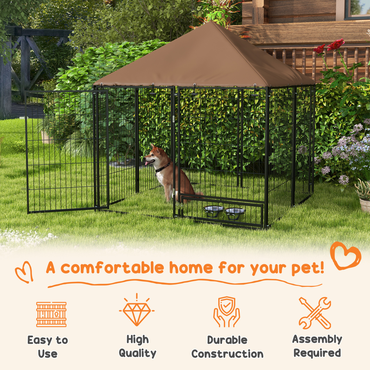 Outdoor Dog House Kennel with Canopy Top & Secure Lock Rotating Bowl Holder