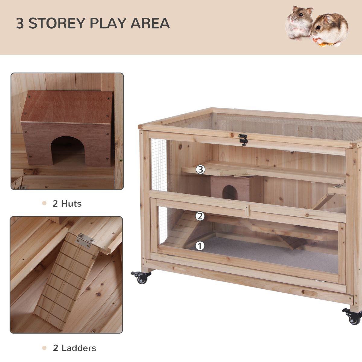 3-Tier Wooden Hamster Cage, Roden Small Animals Hutch, Ladders, Natural Wood