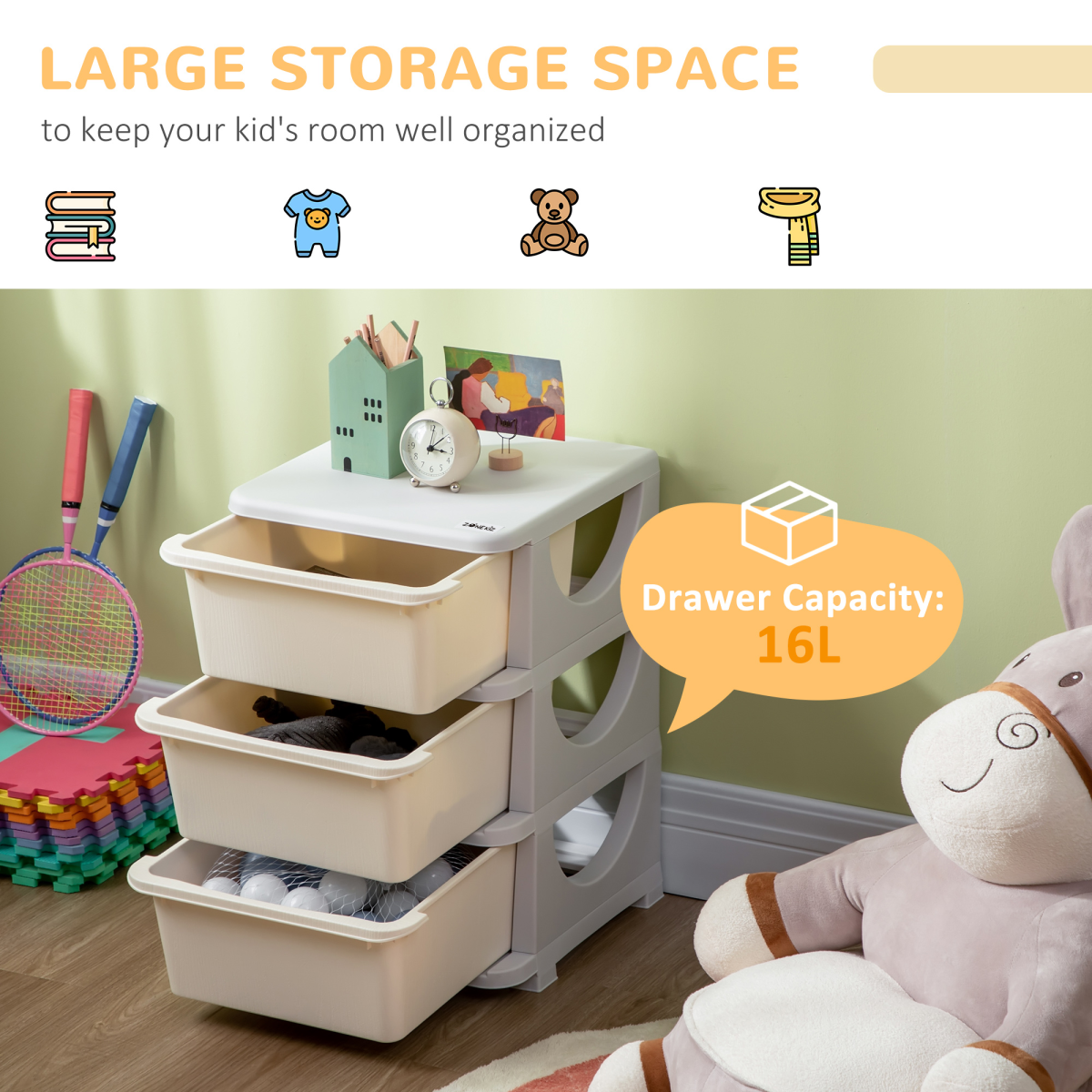 HOMCOM Kids Storage Unit w/ Three Drawers Three-Tier Chest Vertical Dresser