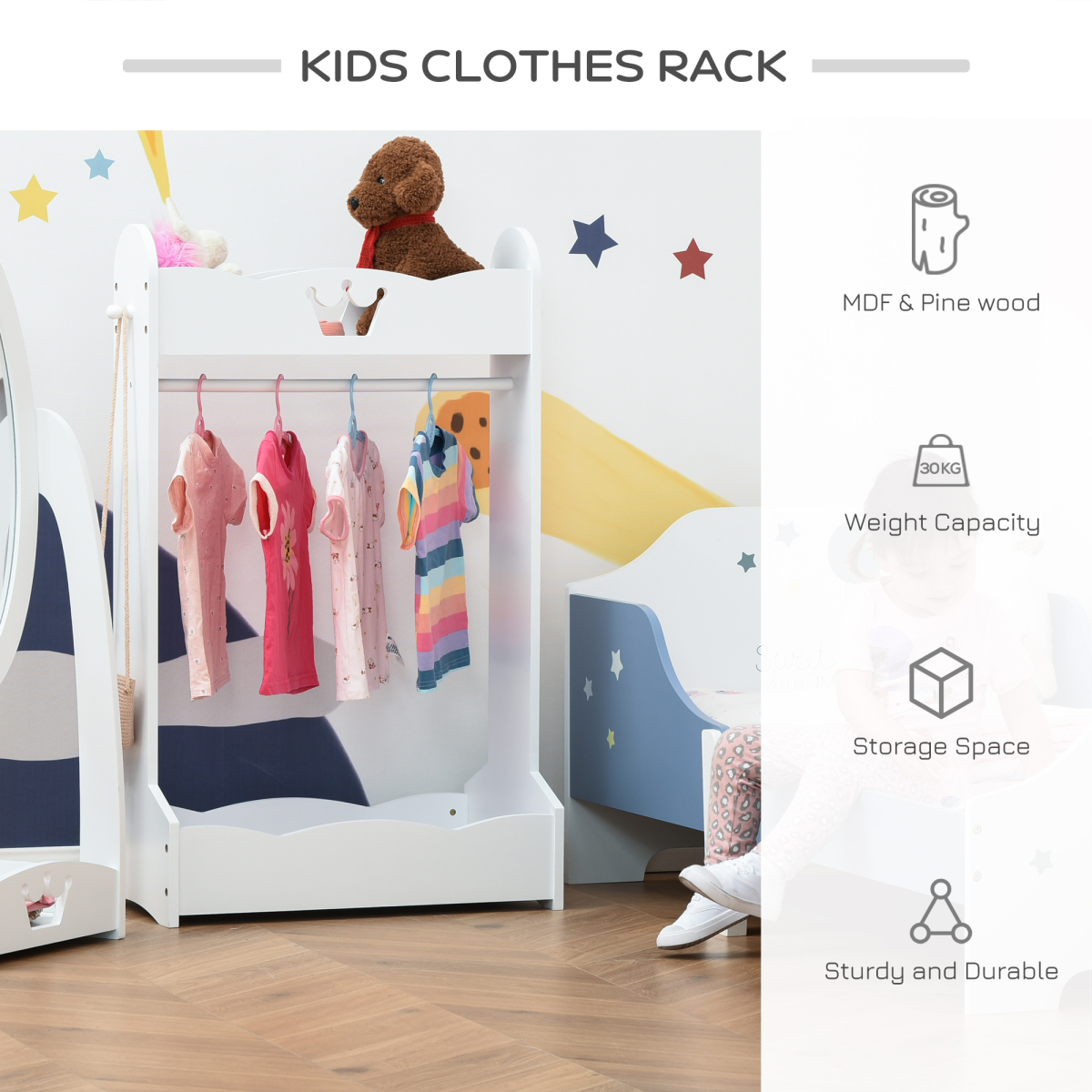 Kids Wood Clothes Rack with Storage Shelves Hall Tree for 3-8 Years HOMCOM