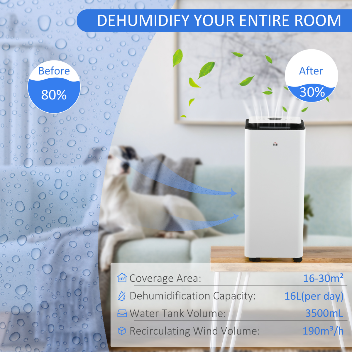 HOMCOM 16L/Day Protable Quiet Air Dehumidifier with Purifier, Timer, 5 Modes